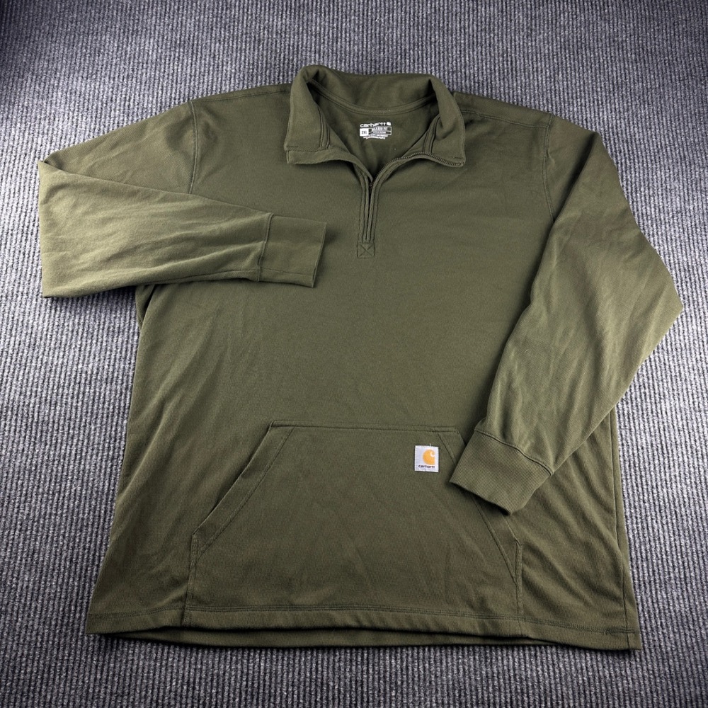 Carhartt Mens 2XL Relaxed Fit 1/4 Zip Pullover Olive Green Waffle Knit 104428